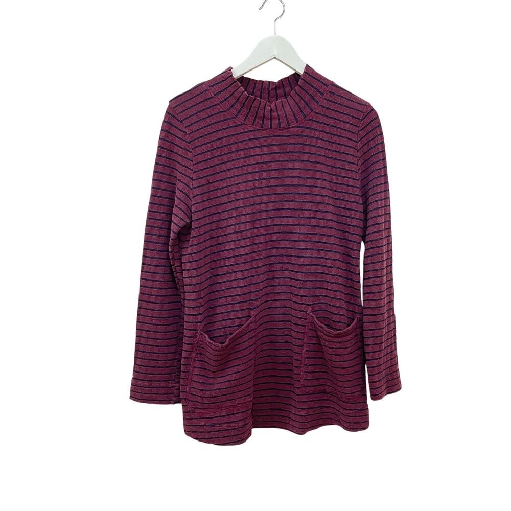 Cut Loose Maroon & Blue Stripe Textured Cotton Mock Neck Pocket Tunic Shirt Sz S